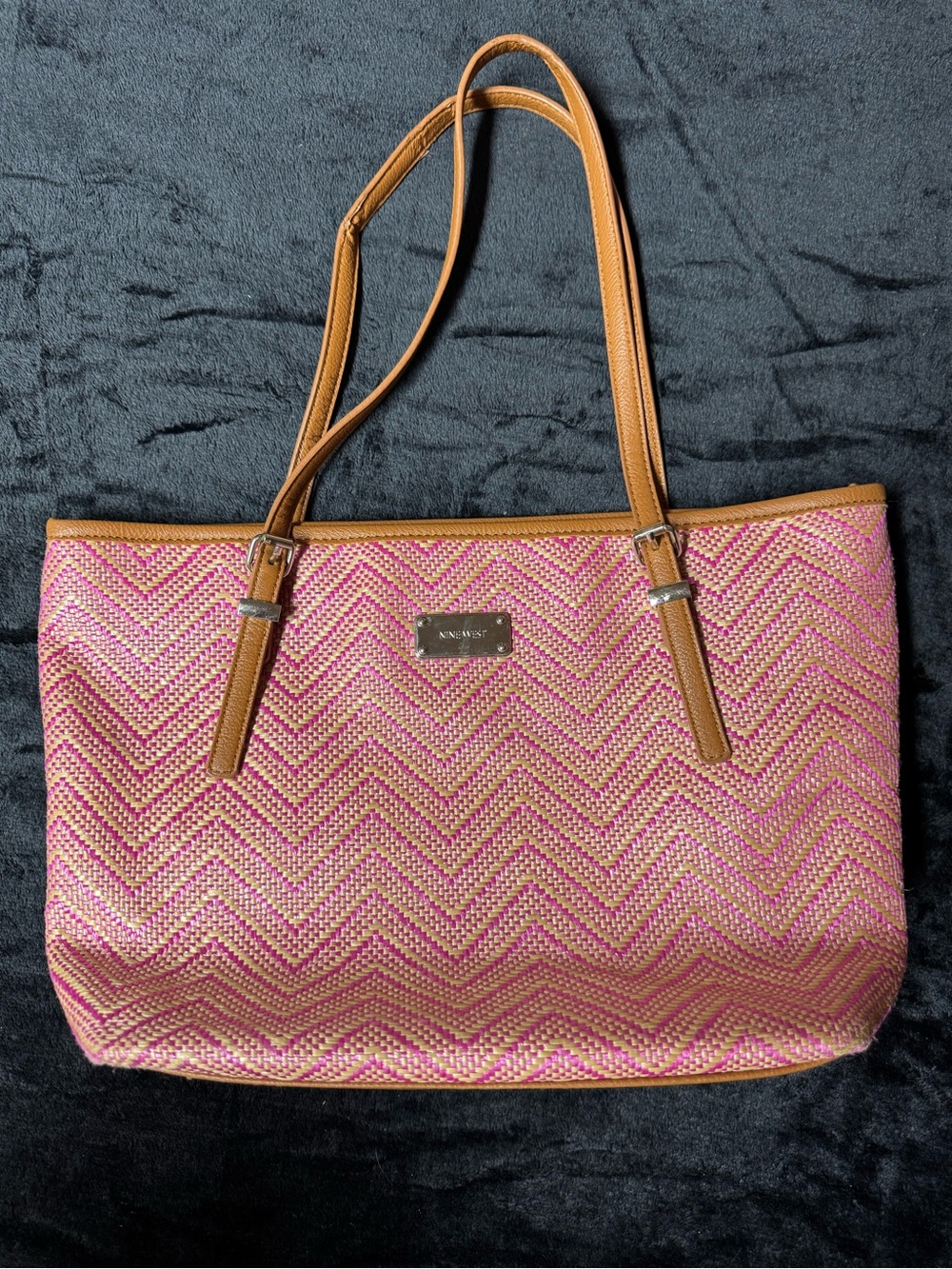 Nine West Pink & Tan Chevron Woven Zip-Top Tote Bag Boho Summer